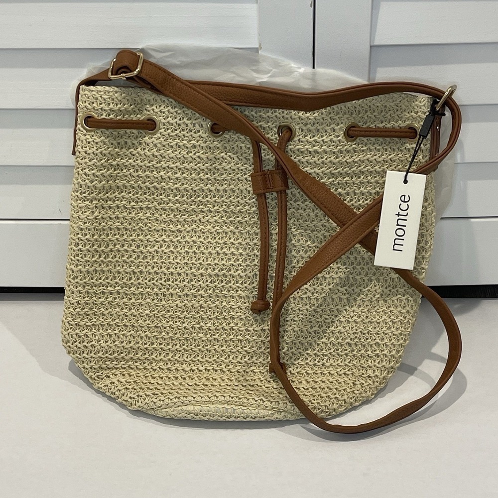 Montce Straw Bucket Bag Beige Tan Crossbody Shoulder Purse New